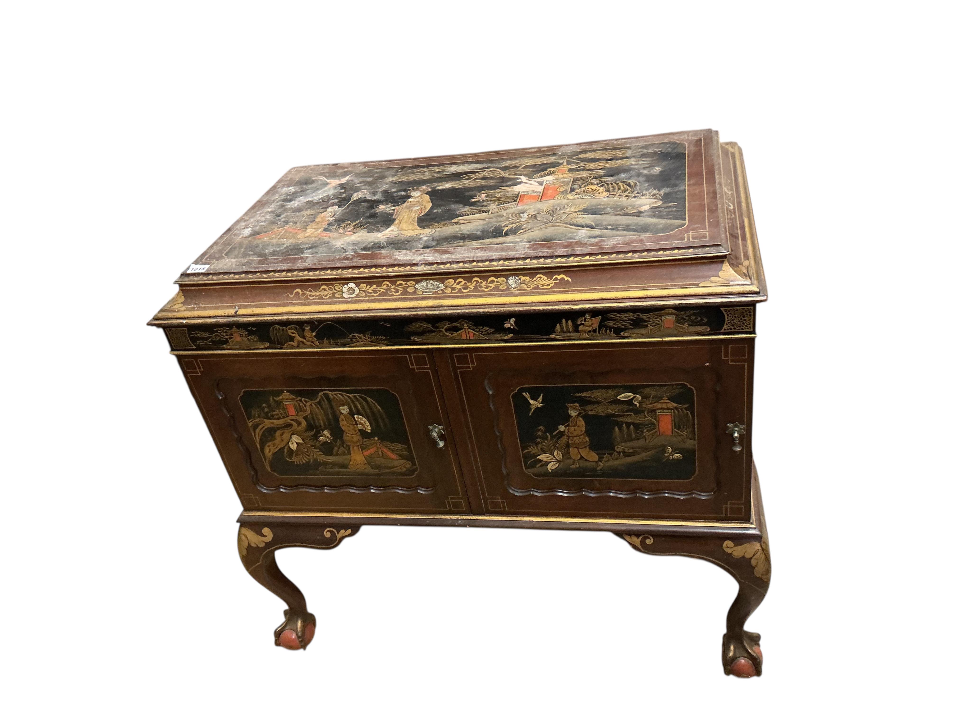 An early 20th century chinoiserie lacquer Duophone cabinet gramophone, width 94cm, depth 57cm, height 86cm
